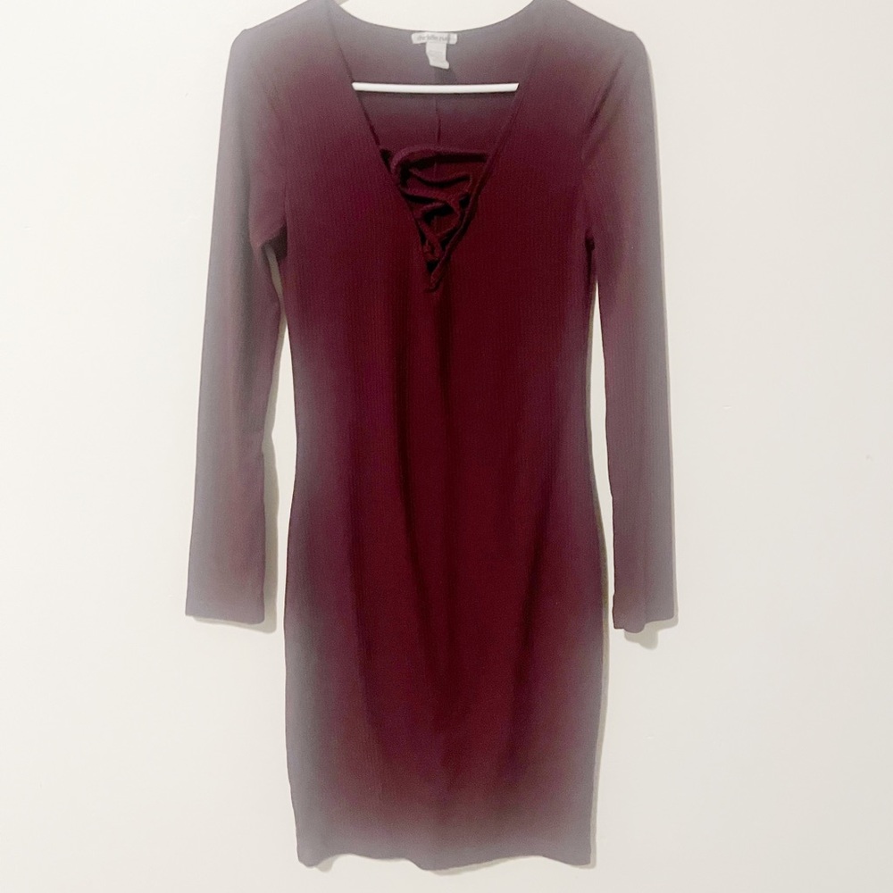 Charlotte Russe Maroon Lace Up Top Ribbed Bodycon Long Sleeve Dress